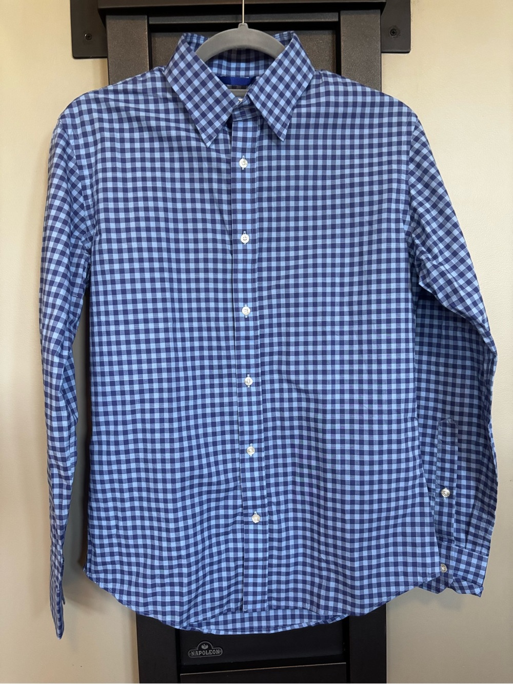 Teddy Stratford NYC Zip Fit Blue Gingham Hidden Zipper Shirt XS Slim Fit